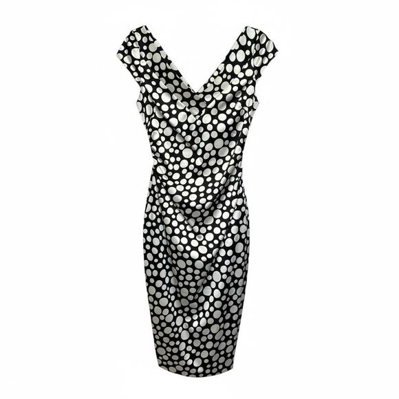Maggy London Black and White Ruched Wrap MidiDress Size 6 cap sleeves polka dot - Picture 2 of 9
